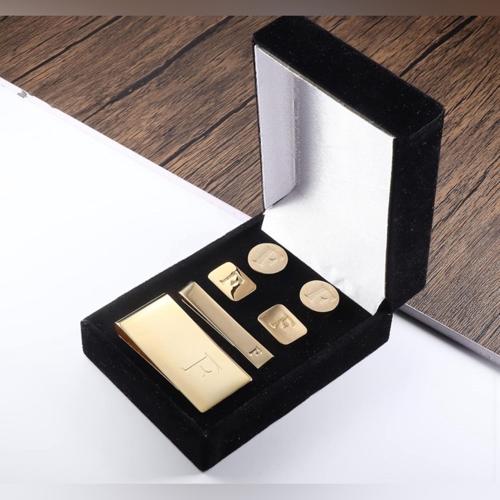Elegant Gold Cufflink, money clip and Tie Clip Set - letter F